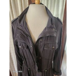 O30 Maurices gray utility jacket zips and snaps 4 snap pockets drawstring waist